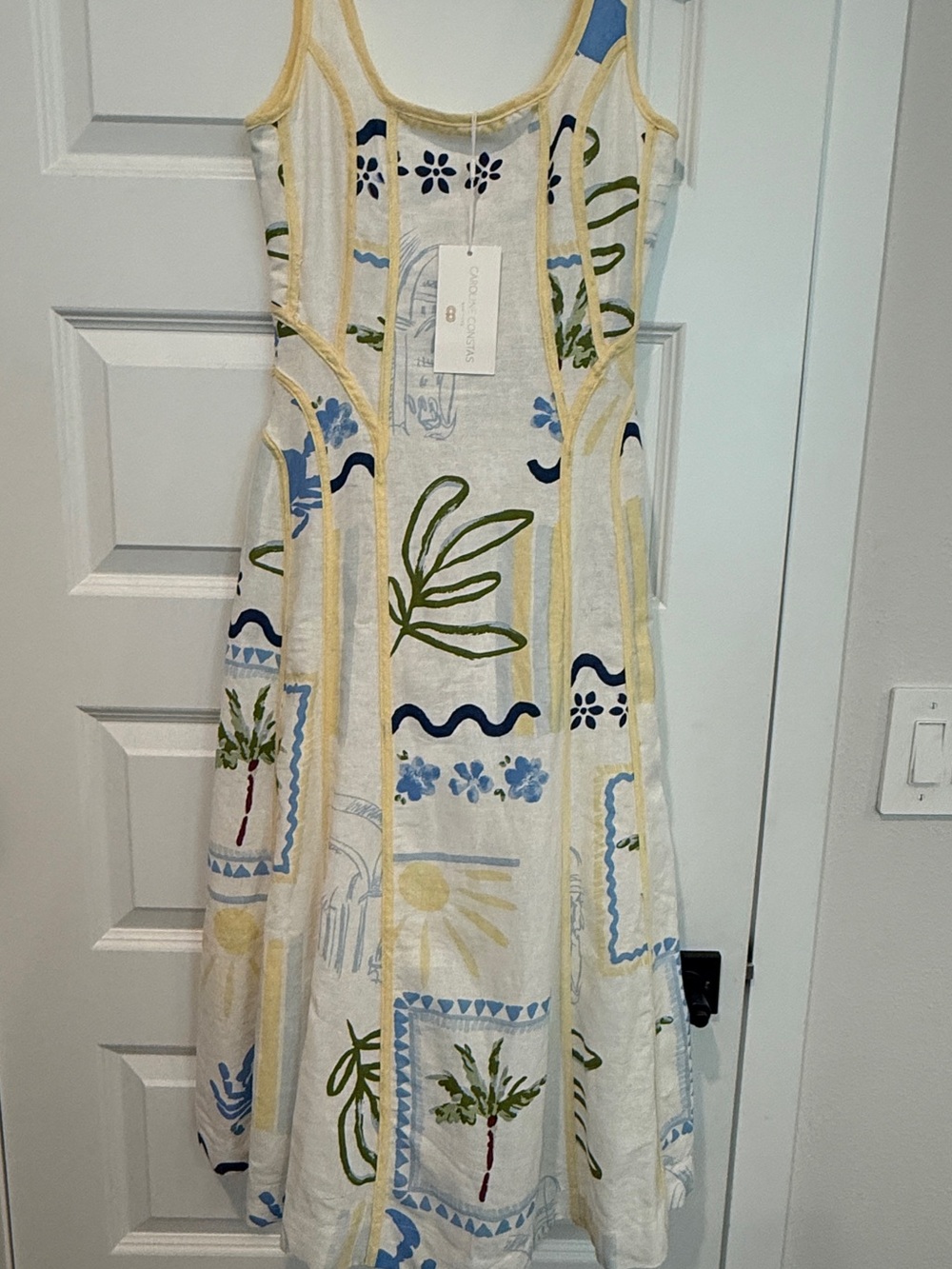 Tropical Print Linen Sundress with Yellow Trim